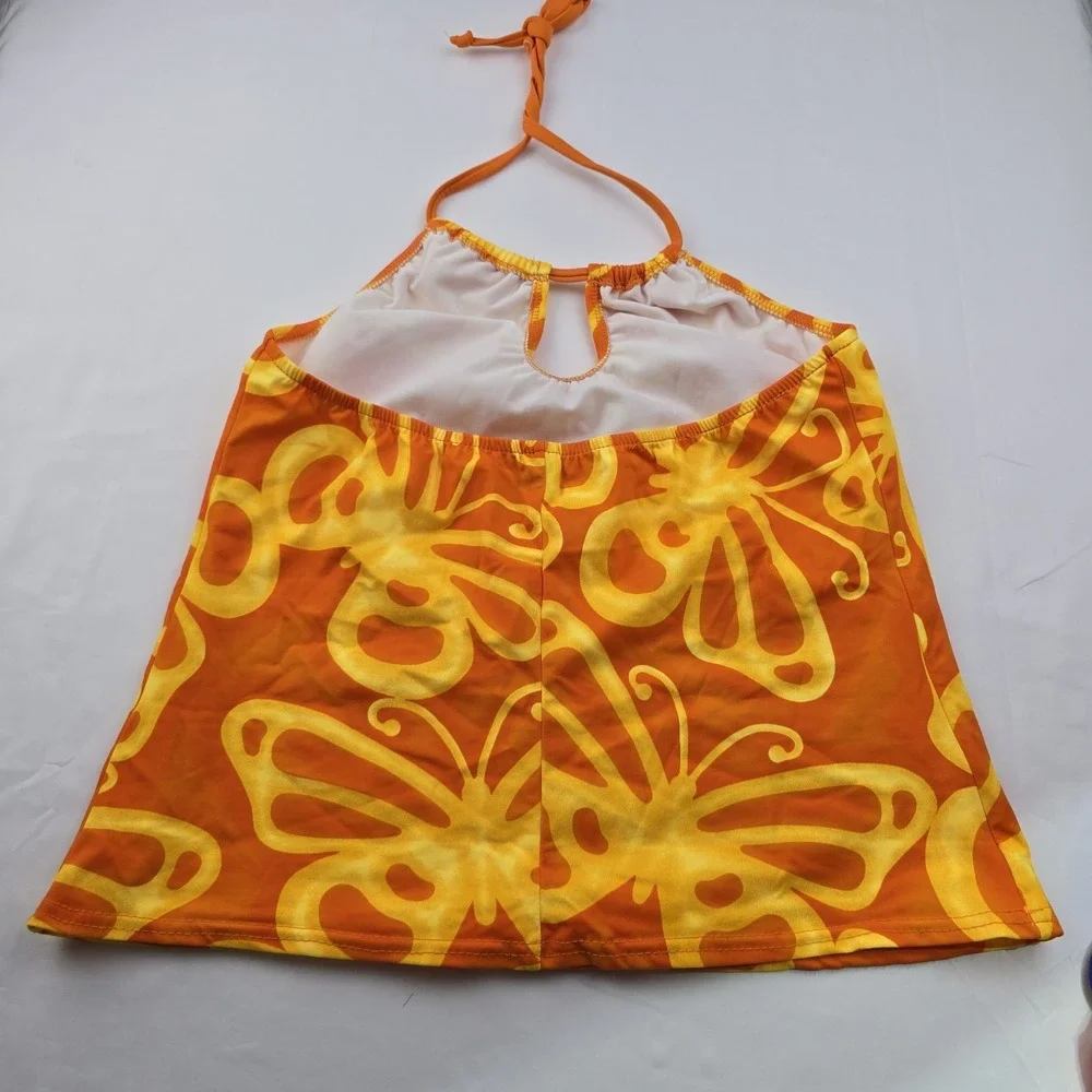 Venus Butterfly Print Tankini Swimsuit Set Womens L 14 Orange Yellow Halter Y2K